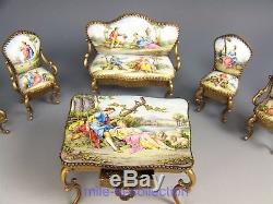 Lovely Antique Austrian Enamel On Copper Miniature 6 Pc Dollhouse Furniture Set