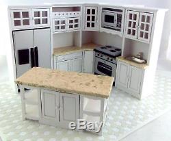 Melody Jane Dolls House Miniature Fitted Kitchen Set White with Marbled Worktops