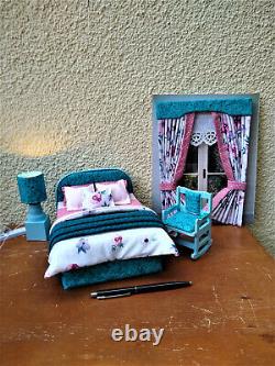 Miniature 1/12 Bed Bedroom Set Pink Turquoise Furniture Dollhouse Unique OOAK