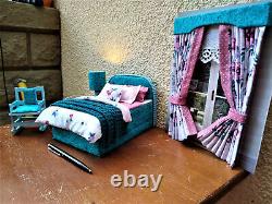 Miniature 1/12 Bed Bedroom Set Pink Turquoise Furniture Dollhouse Unique OOAK