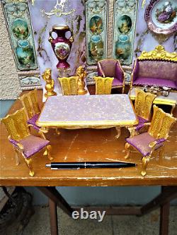 Miniature 1/12 Salon Rococo Table + Six Chairs Louis XVI Dollhouse Unique OOAK