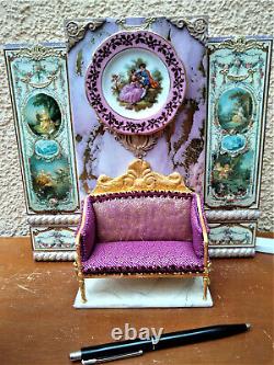 Miniature 1/12 Salon Rococo Table + Six Chairs Louis XVI Dollhouse Unique OOAK