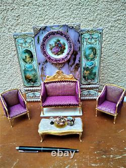 Miniature 1/12 Salon Rococo Table + Six Chairs Louis XVI Dollhouse Unique OOAK