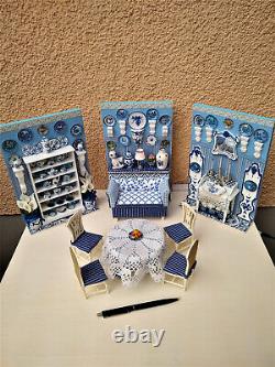 Miniature 1/12 Scale Dining Room Blue & White Dollhouse Unique OOAK