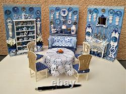 Miniature 1/12 Scale Dining Room Blue & White Dollhouse Unique OOAK