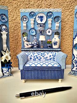 Miniature 1/12 Scale Dining Room Blue & White Dollhouse Unique OOAK