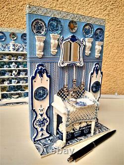 Miniature 1/12 Scale Dining Room Blue & White Dollhouse Unique OOAK