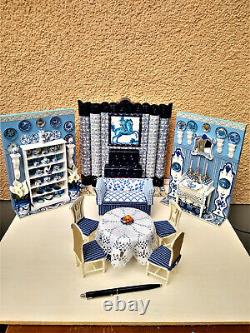 Miniature 1/12 Scale Dining Room Blue & White Dollhouse Unique OOAK