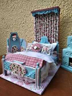 Miniature 1/12 scale bed bedroom set rose motif furniture dollhouse unique OOAK