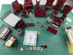 Miniature Doll House Furniture Lot of Maroon Wood Stained Bedroom Accessories