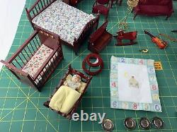 Miniature Doll House Furniture Lot of Maroon Wood Stained Bedroom Accessories