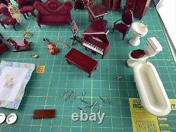 Miniature Doll House Furniture Lot of Maroon Wood Stained Bedroom Accessories