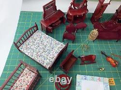 Miniature Doll House Furniture Lot of Maroon Wood Stained Bedroom Accessories