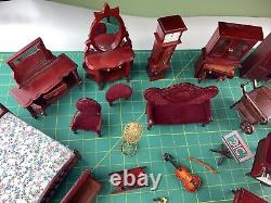 Miniature Doll House Furniture Lot of Maroon Wood Stained Bedroom Accessories