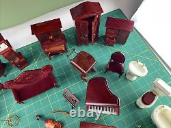 Miniature Doll House Furniture Lot of Maroon Wood Stained Bedroom Accessories