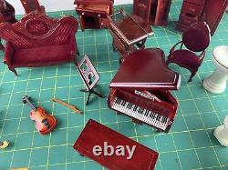 Miniature Doll House Furniture Lot of Maroon Wood Stained Bedroom Accessories