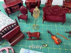 Miniature Doll House Furniture Lot of Maroon Wood Stained Bedroom Accessories