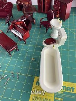 Miniature Doll House Furniture Lot of Maroon Wood Stained Bedroom Accessories