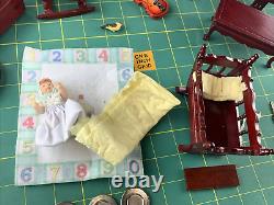 Miniature Doll House Furniture Lot of Maroon Wood Stained Bedroom Accessories