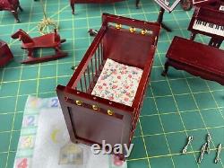 Miniature Doll House Furniture Lot of Maroon Wood Stained Bedroom Accessories