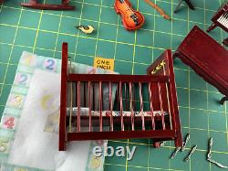 Miniature Doll House Furniture Lot of Maroon Wood Stained Bedroom Accessories