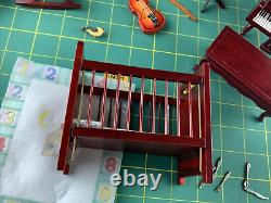 Miniature Doll House Furniture Lot of Maroon Wood Stained Bedroom Accessories