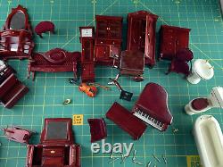 Miniature Doll House Furniture Lot of Maroon Wood Stained Bedroom Accessories