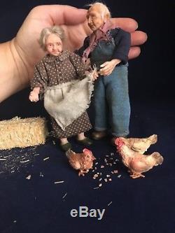 Miniature OOAK 1/12 Granny and Grandpa, chicks, dollhouse, ALMA Artistry. SOLD