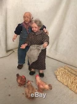 Miniature OOAK 1/12 Granny and Grandpa, chicks, dollhouse, ALMA Artistry. SOLD