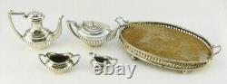 Miniature Sterling Silver Tea Set & Tray 5 Pce Dolls House Antique John Rose 1/6