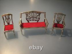 Miniature solid silver sofa & two chairs, dolls house posh furniture