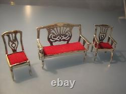 Miniature solid silver sofa & two chairs, dolls house posh furniture