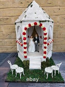 OOAK 1/12 Dolls House Miniature Wedding Gazebo Bride Groom Lights up Red White