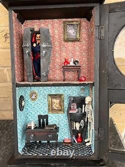 OOAK Unique 1/12 Dolls House Miniature Gothic Black wall clock Vampires Coffins