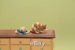 OOAK realistic dollhouse miniature hand-sculpted orange tabby cat and hat
