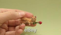 OOAK realistic dollhouse miniature hand-sculpted orange tabby cat and rose
