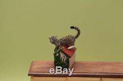 OOAK realistic dollhouse miniature hand-sculpted tabby cat and mini house