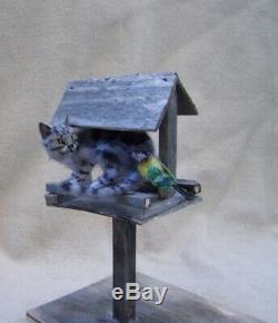 Ooak Miniature Dollhouse Cat in a bird feeder and Great tit bird by Malga