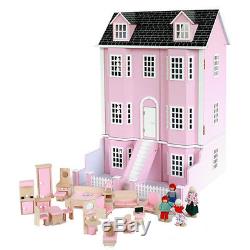 Pink Victorian Wooden Dolls House Furniture & Dolls Family