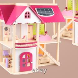 Pink Wooden Doll House Assembly Villa Furniture Miniature Model Gift