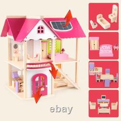 Pink Wooden Doll House Assembly Villa Furniture Miniature Model Gift