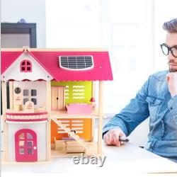 Pink Wooden Doll House Assembly Villa Furniture Miniature Model Gift
