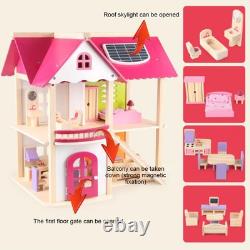 Pink Wooden Doll House Assembly Villa Furniture Miniature Model Gift