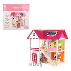 Pink Wooden Doll House Assembly Villa Furniture Miniature Model Gift