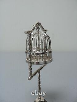 RARE VINTAGE DUTCH. 833 SILVER MINIATURE DOLL HOUSE STANDING BIRDCAGE with BIRD