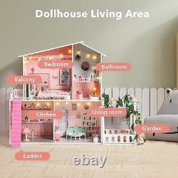 ROBOTIME Large Kids Girls Pretend Play Toy Miniature Furniture LED Dollhouse Set