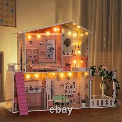 ROBOTIME Large Kids Girls Pretend Play Toy Miniature Furniture LED Dollhouse Set