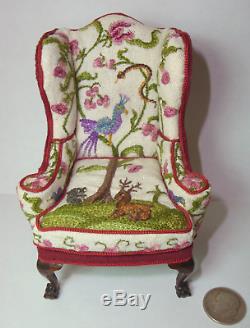 Rare 1980's Dollhouse Miniature Jean Strup & Betty Valentine Crewelwork Armchair