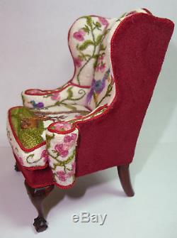 Rare 1980's Dollhouse Miniature Jean Strup & Betty Valentine Crewelwork Armchair