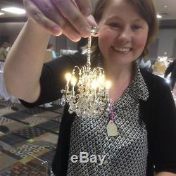 SILVER Crystal Chandelier 6arm battery LED LAMP Dollhouse miniature light switch